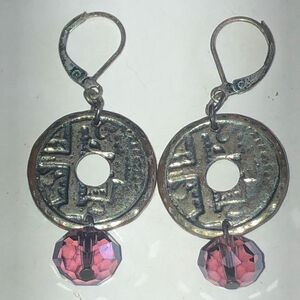 Distressed Silver Tone Boho Dangling Purple Glass Bead Pierced Earrings